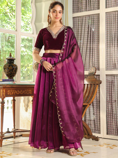 Purple Velvet Blouse with Organza Zari Embroidery Lehenga Set