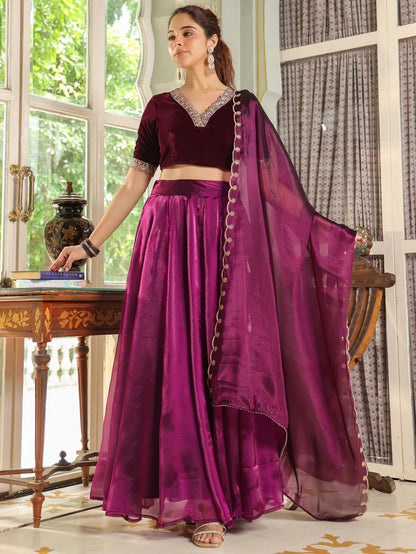 Purple Velvet Blouse with Organza Zari Embroidery Lehenga Set