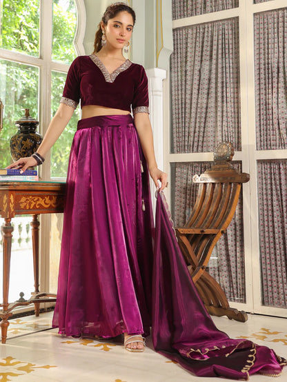 Purple Velvet Blouse with Organza Zari Embroidery Lehenga Set