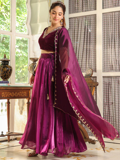 Purple Velvet Blouse with Organza Zari Embroidery Lehenga Set