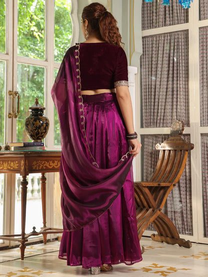 Purple Velvet Blouse with Organza Zari Embroidery Lehenga Set