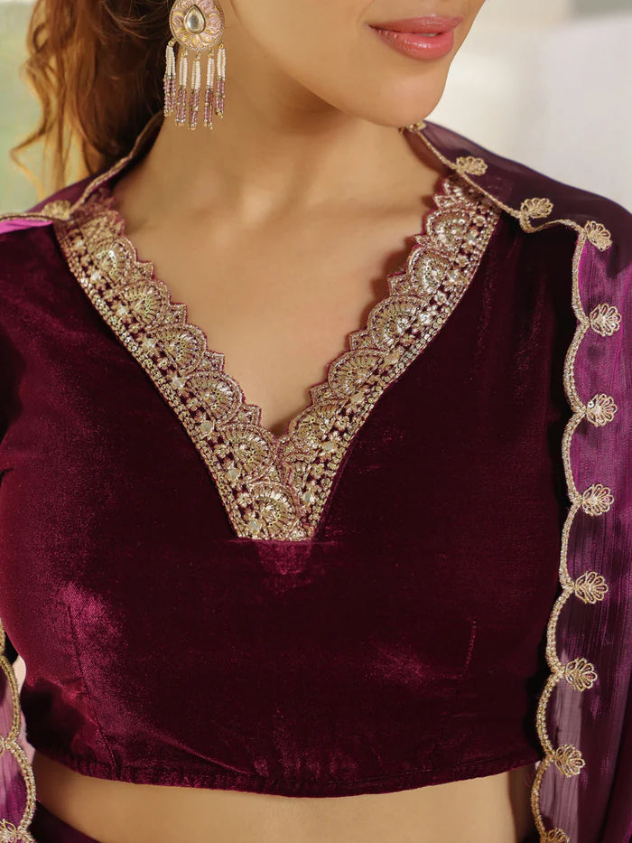 Purple Velvet Blouse with Organza Zari Embroidery Lehenga Set