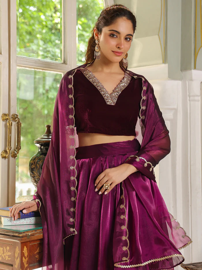 Purple Velvet Blouse with Organza Zari Embroidery Lehenga Set